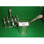 Silver toast rack (Birmingham 1907), silver mustard pot with liner (Birmingham 1911) and a large