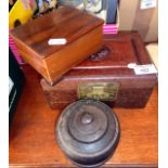 Chinese hardwood jewellery casket, a turned lignum vitae lidded box and a wooden cigarette box