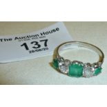 Platinum ring set with diamonds and emeralds - maker's mark BMS, approx size UK 'S'