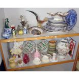 Two shelves of blue and white meat platters and plates, toby jugs, etc.