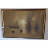 Evocative oil on canvas of becalmed sailing ships at dusk by Barry HILTON, 22" x 32"