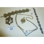 Vintage and older jewellery, 925 silver bracelet, 9ct gold earring, hallmarked silver fob medal,