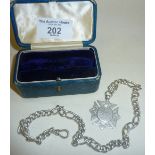 Late Victorian hallmarked silver Albert watch chain with military fob medallion and old case