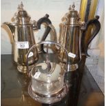 Silver plated chocolate pot, similar water jug and a Modernist Italian silver plated and glass sugar