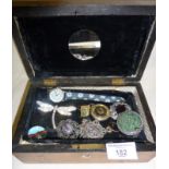 Antique jewellery box containing vintage jewellery, inc. a TAXCO Sterling brooch