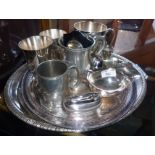 Two silver-plated trays and five various tankards, cream jug, etc.