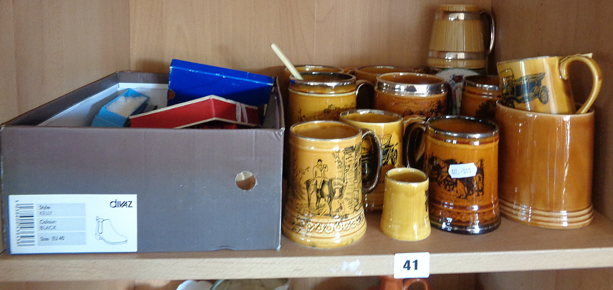 Collection of honey glazed pottery hunting and souvenir tankards and a large quantity of souvenir