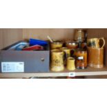 Collection of honey glazed pottery hunting and souvenir tankards and a large quantity of souvenir