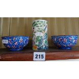 Pair of Canton enamel bowls and a Famille Rose brush pot