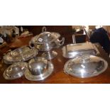 Large silver plated lidded punchbowl, four silver plated entree dishes, and three other dishes