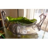 Art Nouveau pewter large centre piece fruit dish with green glass liner