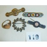 Micro mosaic brooch, Victorian silver bar brooch, 9ct gold scrap signet ring etc.