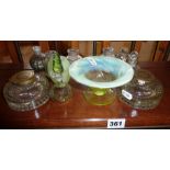 Two Victorian glass inkwells, a vaseline glass sweetmeat bowl on stand, a perfume bottle and others