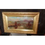 Naive watercolour of a harbour scene with sailboats by A. Blackwell, dated 1916