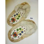 Vintage Native American Cree Ojibway womans beaded and embroidered moccasins with fur trim