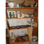 Four shelves of assorted metalware and other items, inc. galvanised bucket and shooting stick