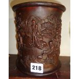 Chinese figural carved wood brush pot, signed