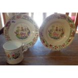 Pair of early English china plates with lion in garden decoration, and a 19th c. Coalport mug