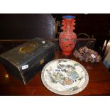Chinese soapstone carving, lacquer vase, Satsuma plate and a jewellery box