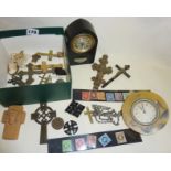 Gothic Waterbury ebony mantle clock, another Chinoiserie style, stamps, crucifixes, antique