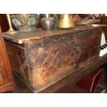 18th c. pine and elm bible box with chip carved front panel - 30" wide x 17" deep x 12" high