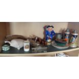 Shelf of assorted china etc. inc. musical Toby Jug Long John Silver, Poole Pottery shell, King