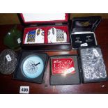 Elephant figures, Benz cufflinks in case, small boxes, etc.
