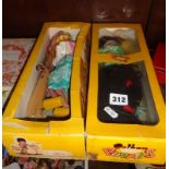 Two Pelham puppets in boxes - Wicked Witch and Tyrolean Girl