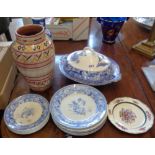 Wedgwood blue and white tureen, side plates, a Persian polychrome pottery vase etc.