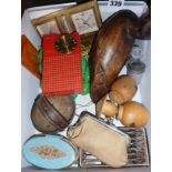 Box of assorted items, inc. swizzle sticks, a plastic case "Regency" transistor radio, etc.