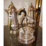 Silver plated chocolate pot, similar water jug and a Modernist Italian silver plated and glass sugar