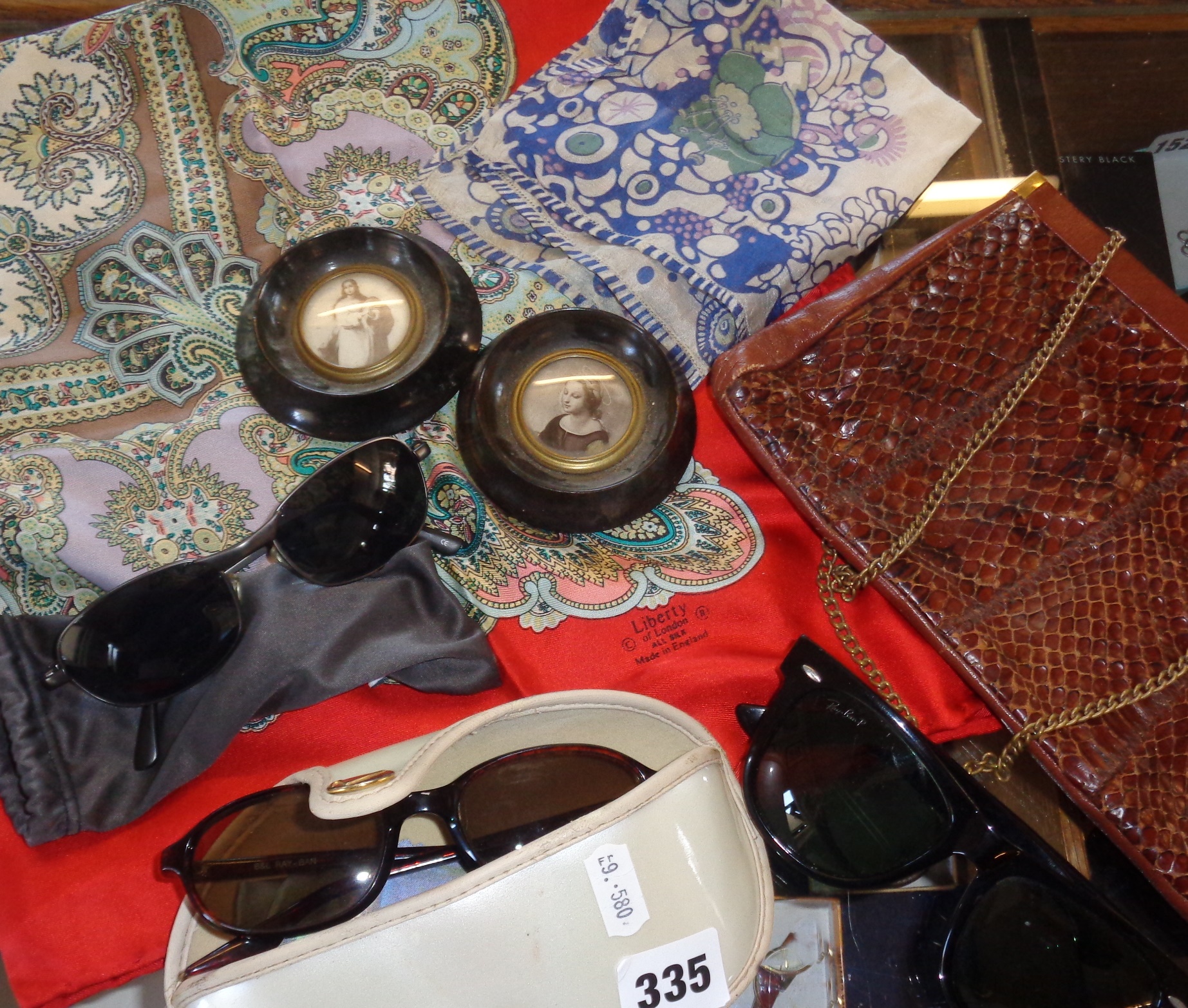 Vintage Ray Ban sunglasses, Liberty silk paisley scarf, Snakeskin handbag, etc.
