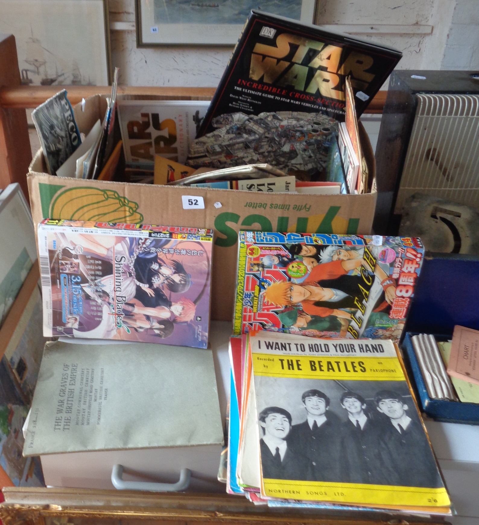 Box of assorted books and ephemera, inc. Beatles magazines, Japanese cartoons, Star Wars, etc.