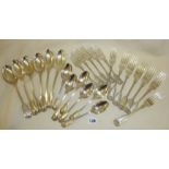 Quantity of silver cutlery comprising six table spoons, six forks, six dessert spoons and forks,