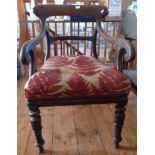 19th c. mahogany scroll-arm library elbow chair on turned and carved legs