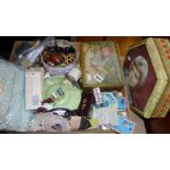 Assorted sewing items, inc. lace, buttons and tins etc.