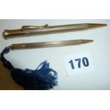 Two hallmarked 9ct gold propelling pencils, one named as THE MASCOT, maker E.B. (with initialled