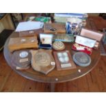 Quantity of naval crest plaques, ship in a bottle, a Royal Navy ice bucket and other items