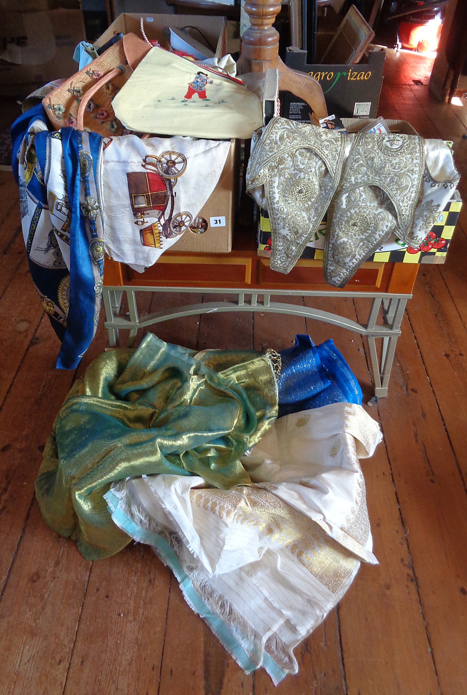 Two boxes of assorted Indian silk shawls, scarves, fabrics, handbags and an embroidered Indian