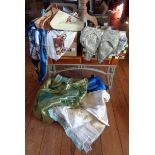 Two boxes of assorted Indian silk shawls, scarves, fabrics, handbags and an embroidered Indian