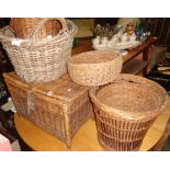 Wickerwork fishing seat, creel and six other baskets