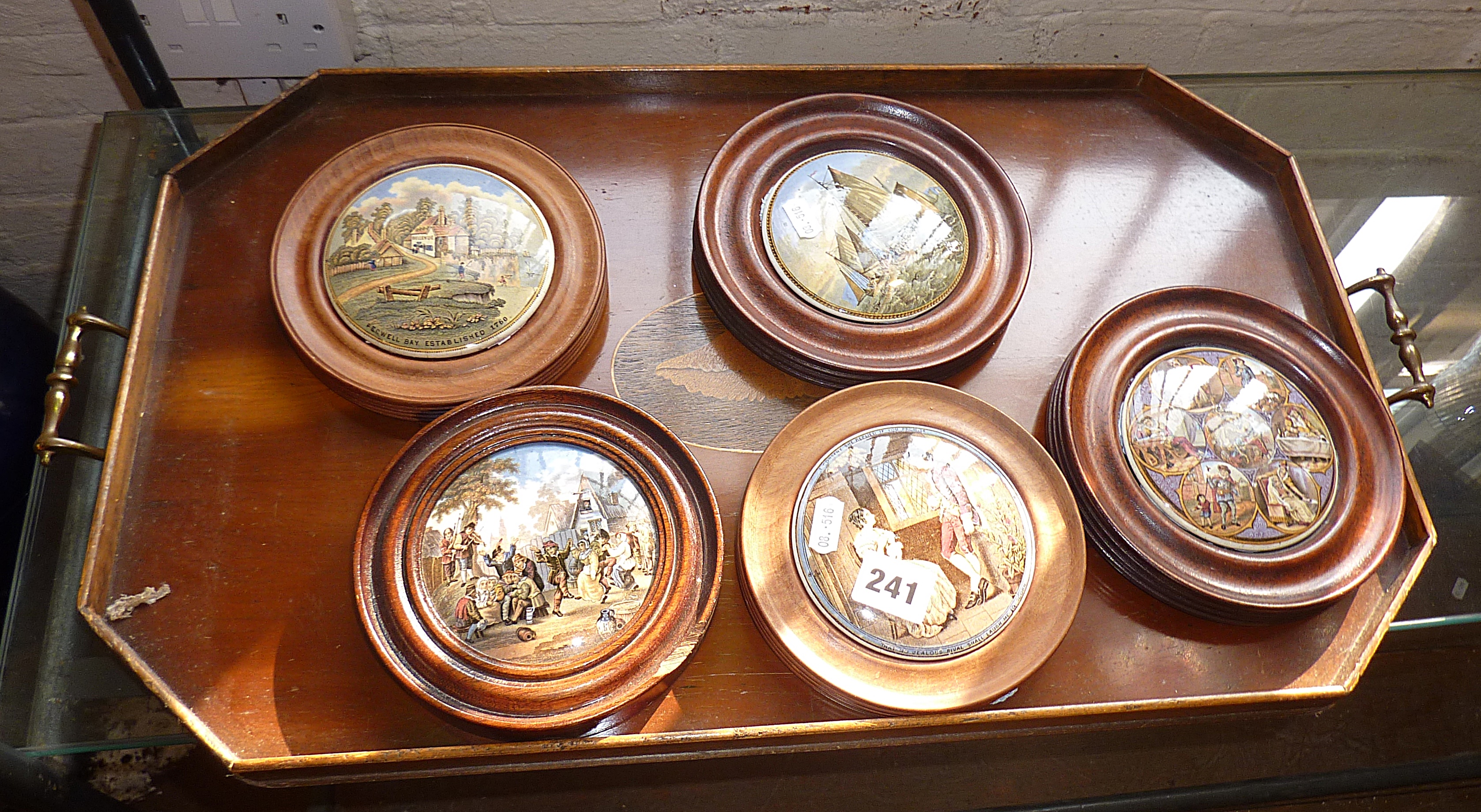 Five various Prattware pot lids, inc. 'The seven ages of man', 'Jealous Rival ...' etc., together