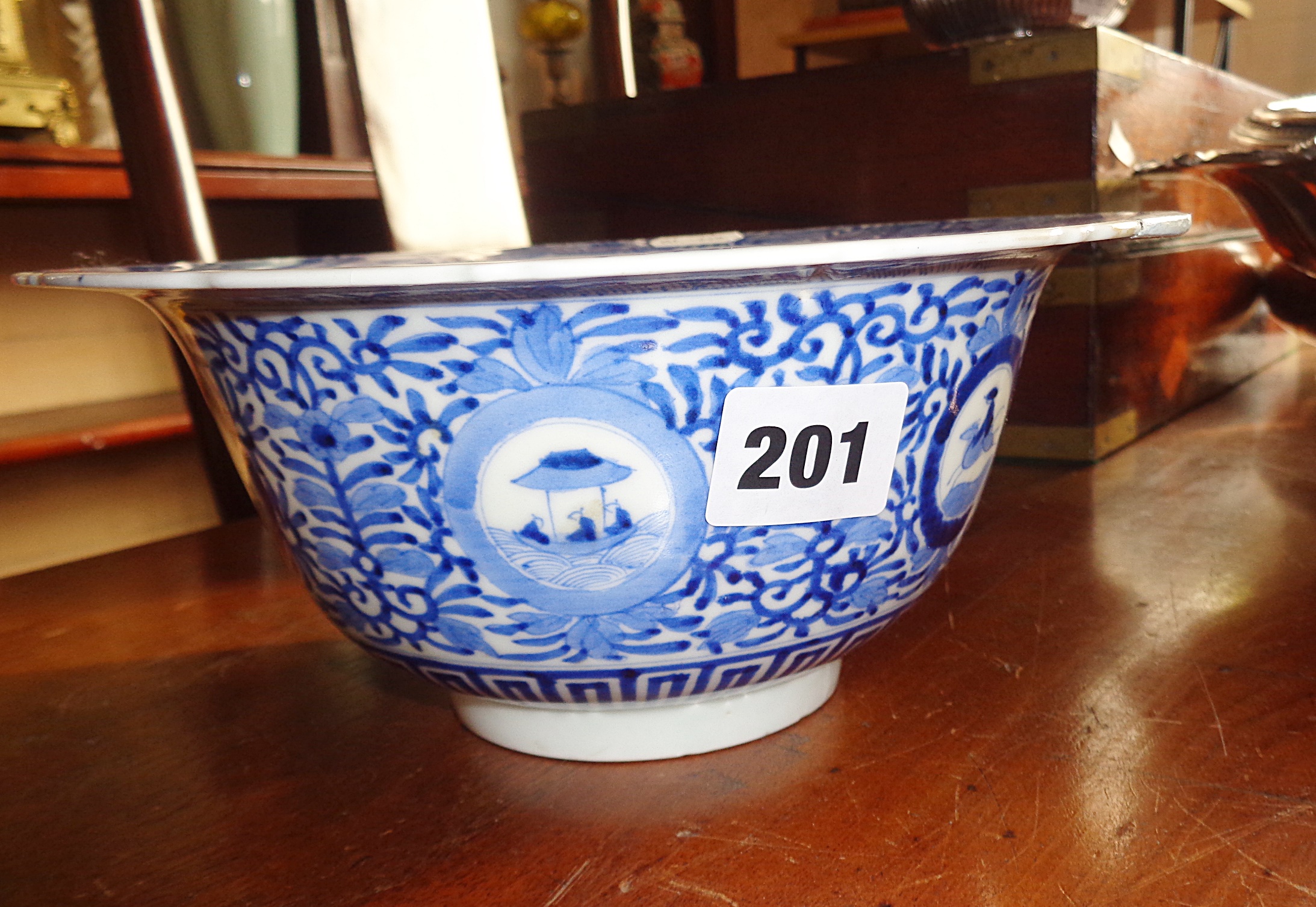 18th c. Japanese six character mark blue and white bowl (hairline crack)
