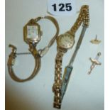 9ct gold ladies wrist watch case and a 9ct gold cross and another wrist watch