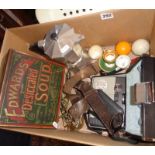 Box of assorted items inc. advertising tin for Edwards Dessicated Soup, horse brasses, scouts