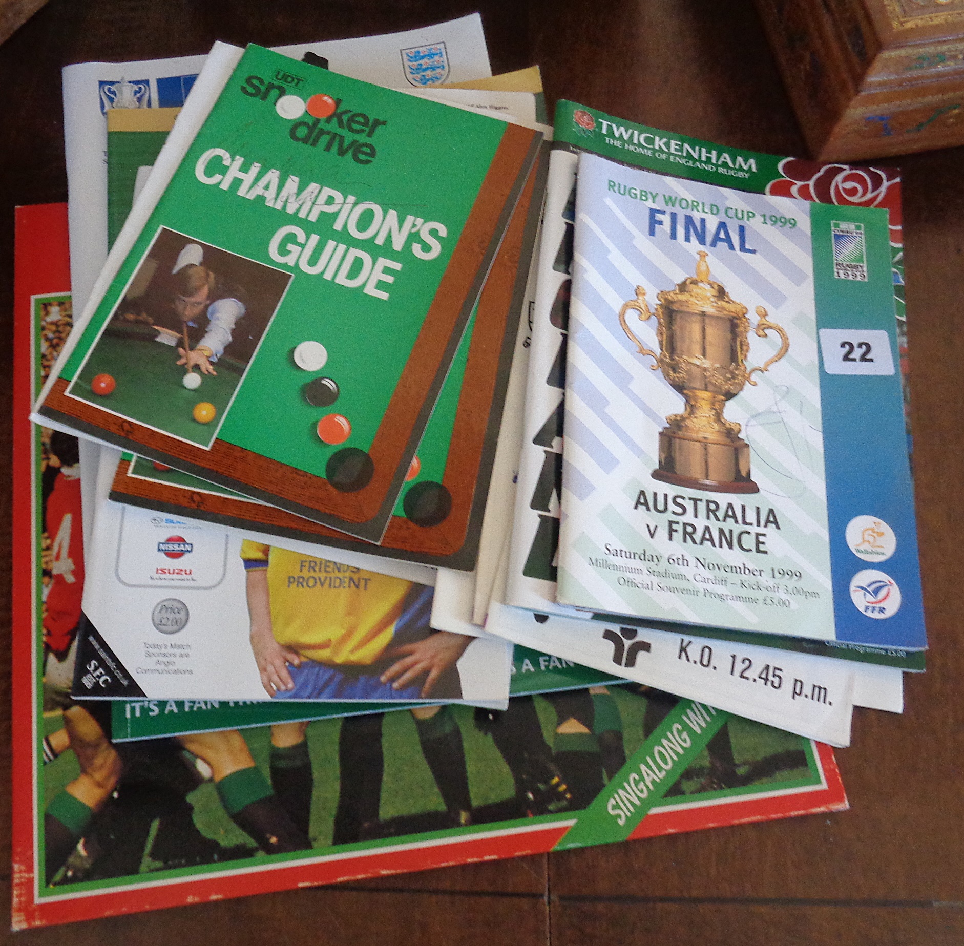 Assorted snooker, football and rugby programmes, some autographed and the 1977 British Lions Tour