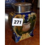 A Doulton Lambeth Art Nouveau tea caddy with hallmarked silver lid and mount, 5" tall (A/F)