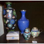 Five Cloisonné enamel items, vases, box, etc.