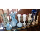 Three pairs of Victorian coloured glass vases, an opaque jug with overlay decoration and a blue