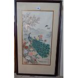 Japanese colour print on silk of peacocks on chrysanthemum bush, signed and stamped 31" x 17.5",